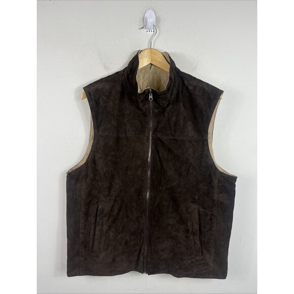 FACONNABLE Vest  XL Khaki Tan/Brown Leather Reversible Full Zip Quilted - Picture 7 of 10